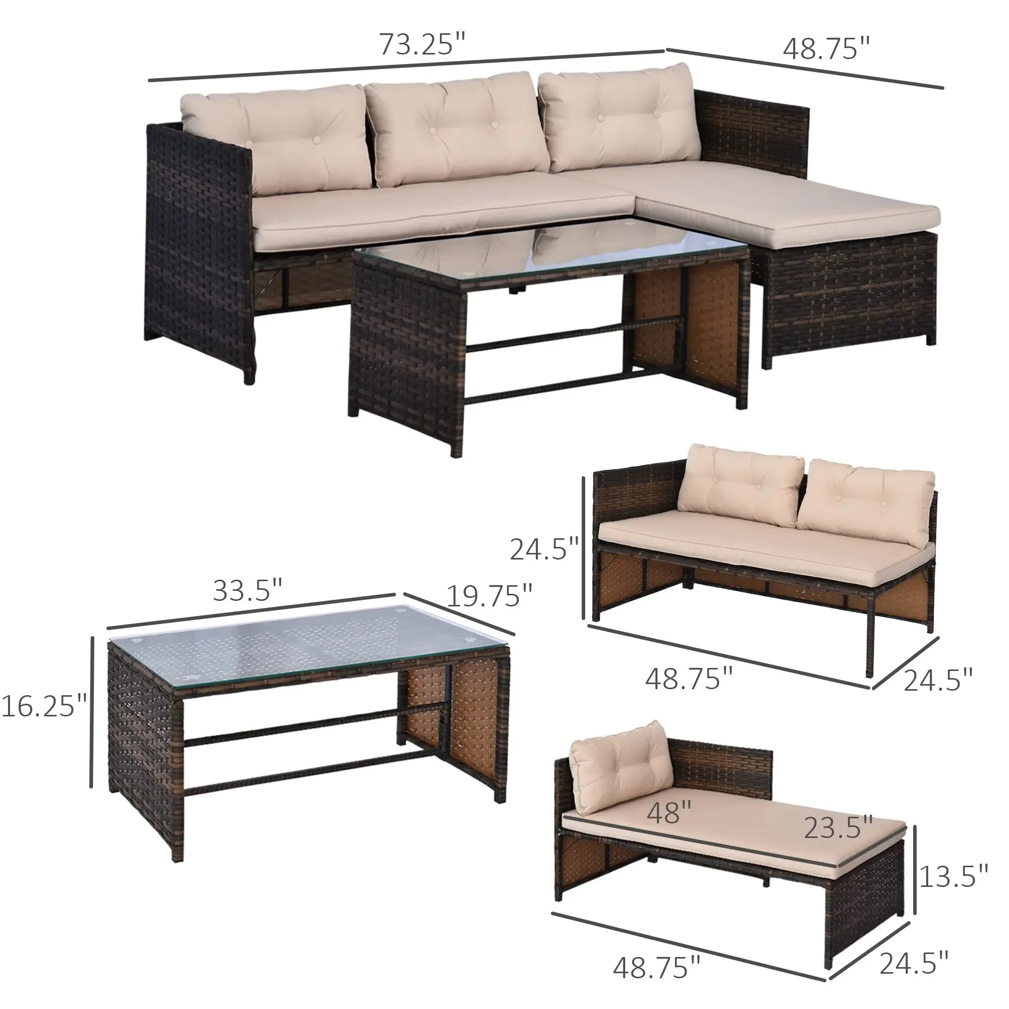 3 Piece Patio Furniture Set, Rattan Outdoor Sofa Set with Chaise Lounge & Loveseat, Soft Cushions, Tempered Glass Table, L-Shaped Sectional Couch, Beige My stor