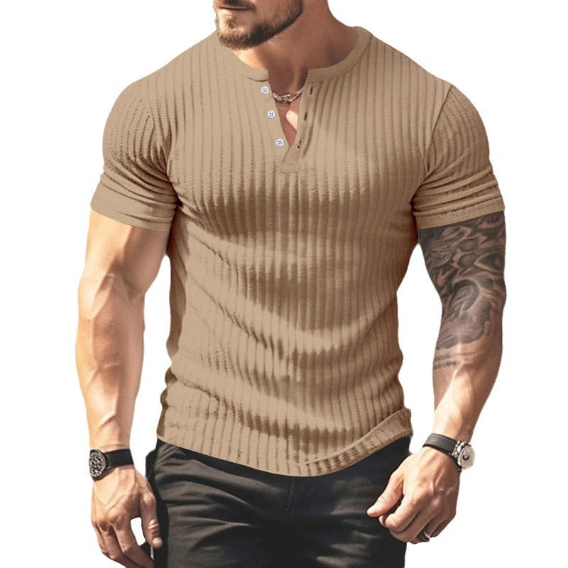 Men's Short Sleeve Top Sunken Stripe V-neck Slim Fit Henley T-shirt My stor