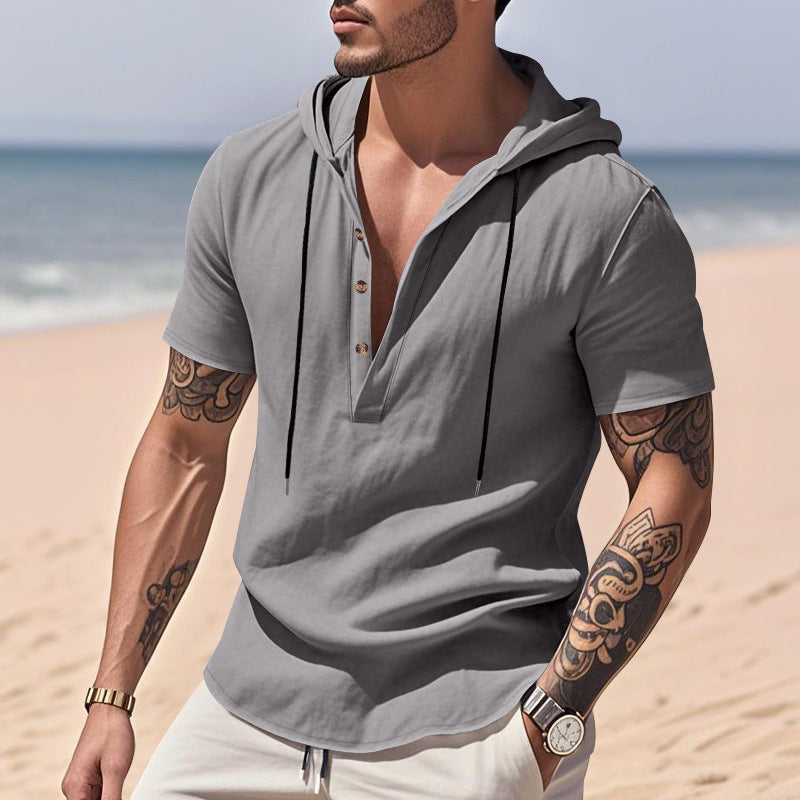 Breathable Linen Hooded Henley Shirt With Short Sleeves My stor