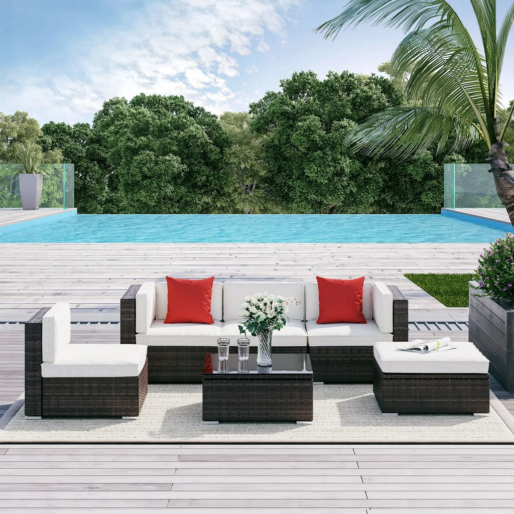 6 Piece Patio Furniture Set Outdoor Wicker Conversation Set All Weather PE Rattan Sectional Sofa Set with Ottoman, Cushions and Tempered Glass Table, Mixed Brown and Cream White My stor