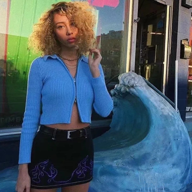 Double-headed zipper short knit sweater Slim short lapel thin coat My stor