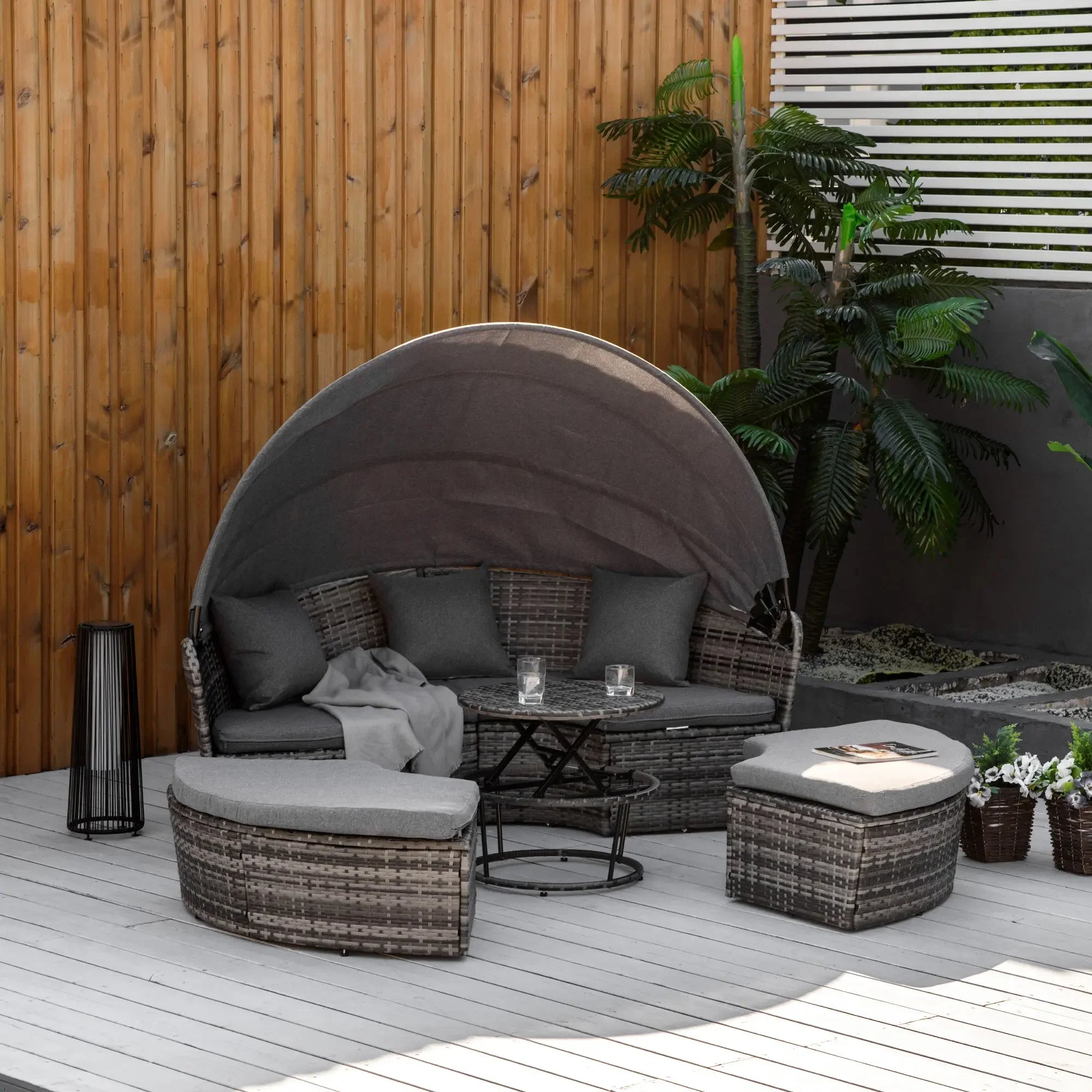 4 Piece Round Rattan Daybed, Convertible Patio Furniture Set, Adjustable Sun Canopy, Sectional Outdoor Sofa, 2 Chairs, Extending Tea Table Ottoman Chair, 3 Pillows, Gray My stor