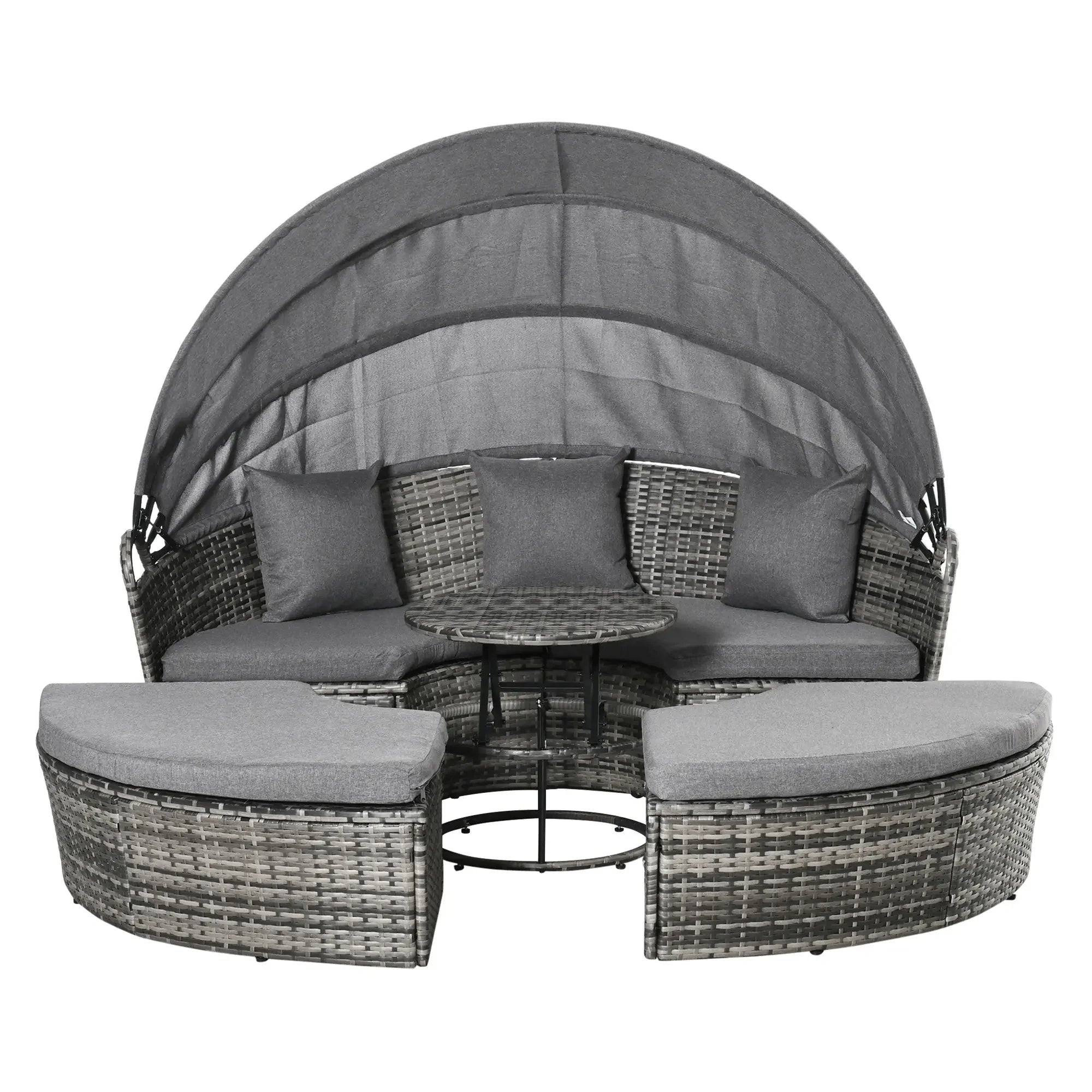 4 Piece Round Rattan Daybed, Convertible Patio Furniture Set, Adjustable Sun Canopy, Sectional Outdoor Sofa, 2 Chairs, Extending Tea Table Ottoman Chair, 3 Pillows, Gray My stor