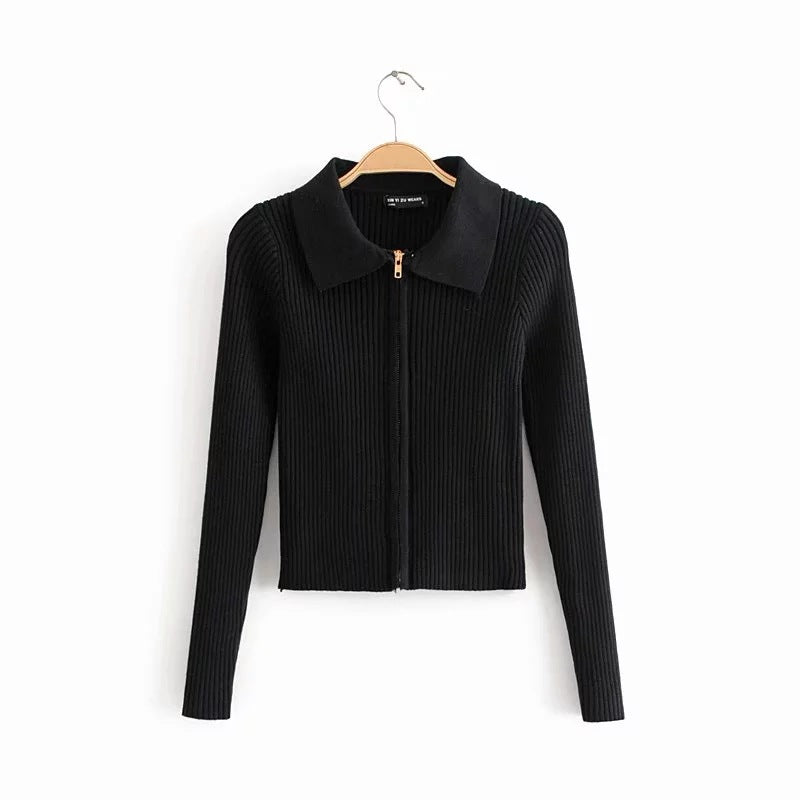 Double-headed zipper short knit sweater Slim short lapel thin coat My stor