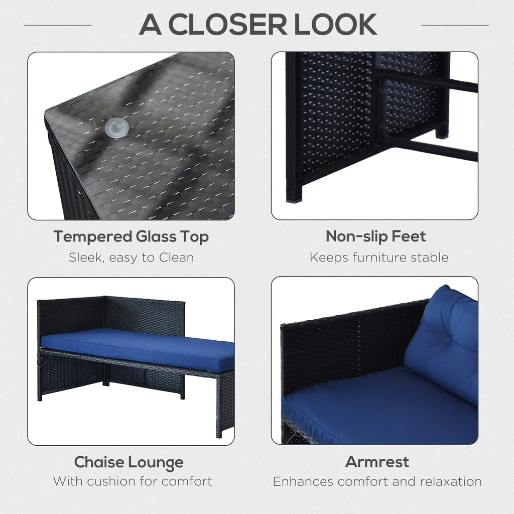 3 Piece Patio Furniture Set, Rattan Outdoor Sofa Set with Chaise Lounge & Loveseat, Soft Cushions, Tempered Glass Table, L-Shaped Sectional Couch, Blue My stor