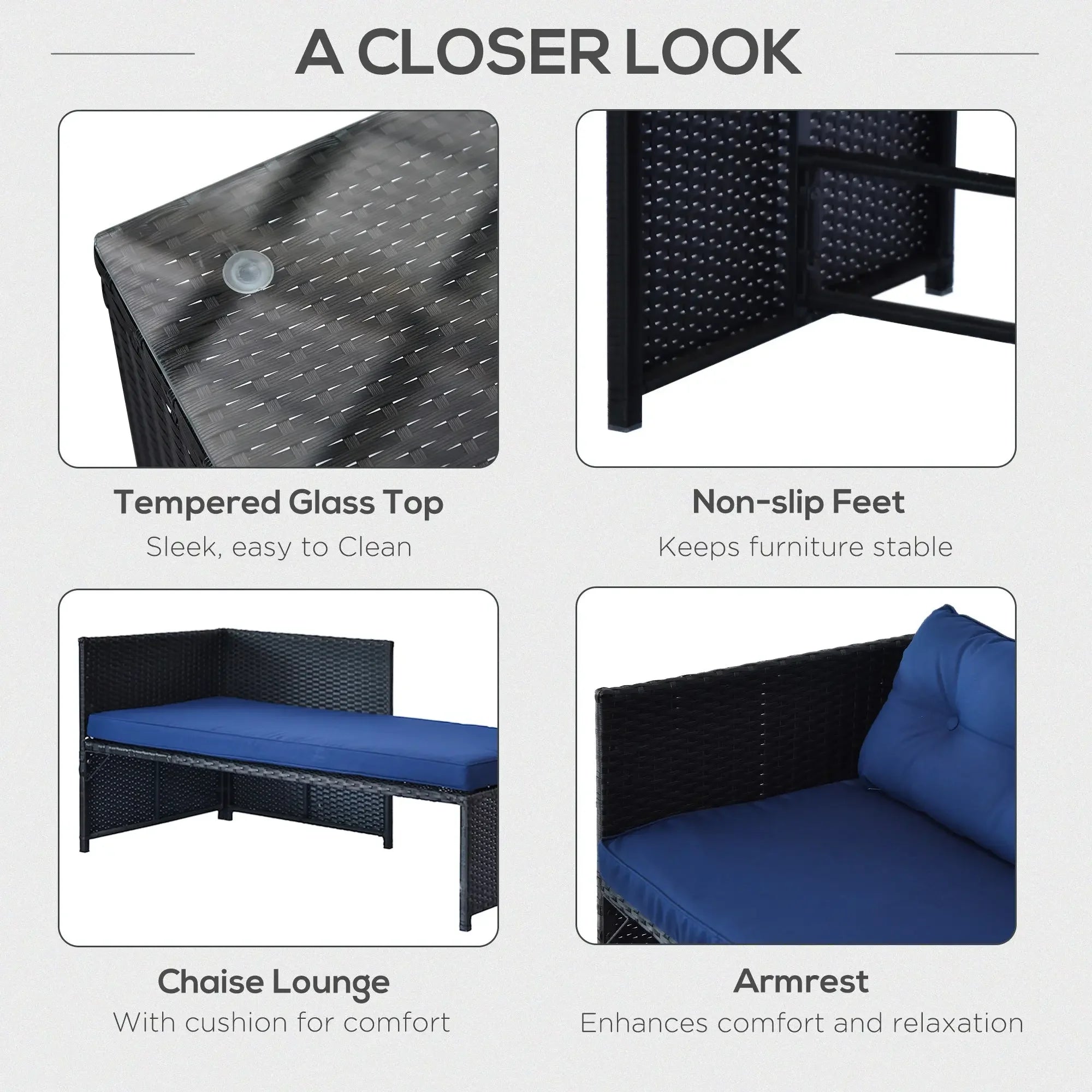 3 Piece Patio Furniture Set, Rattan Outdoor Sofa Set with Chaise Lounge & Loveseat, Soft Cushions, Tempered Glass Table, L-Shaped Sectional Couch, Blue My stor