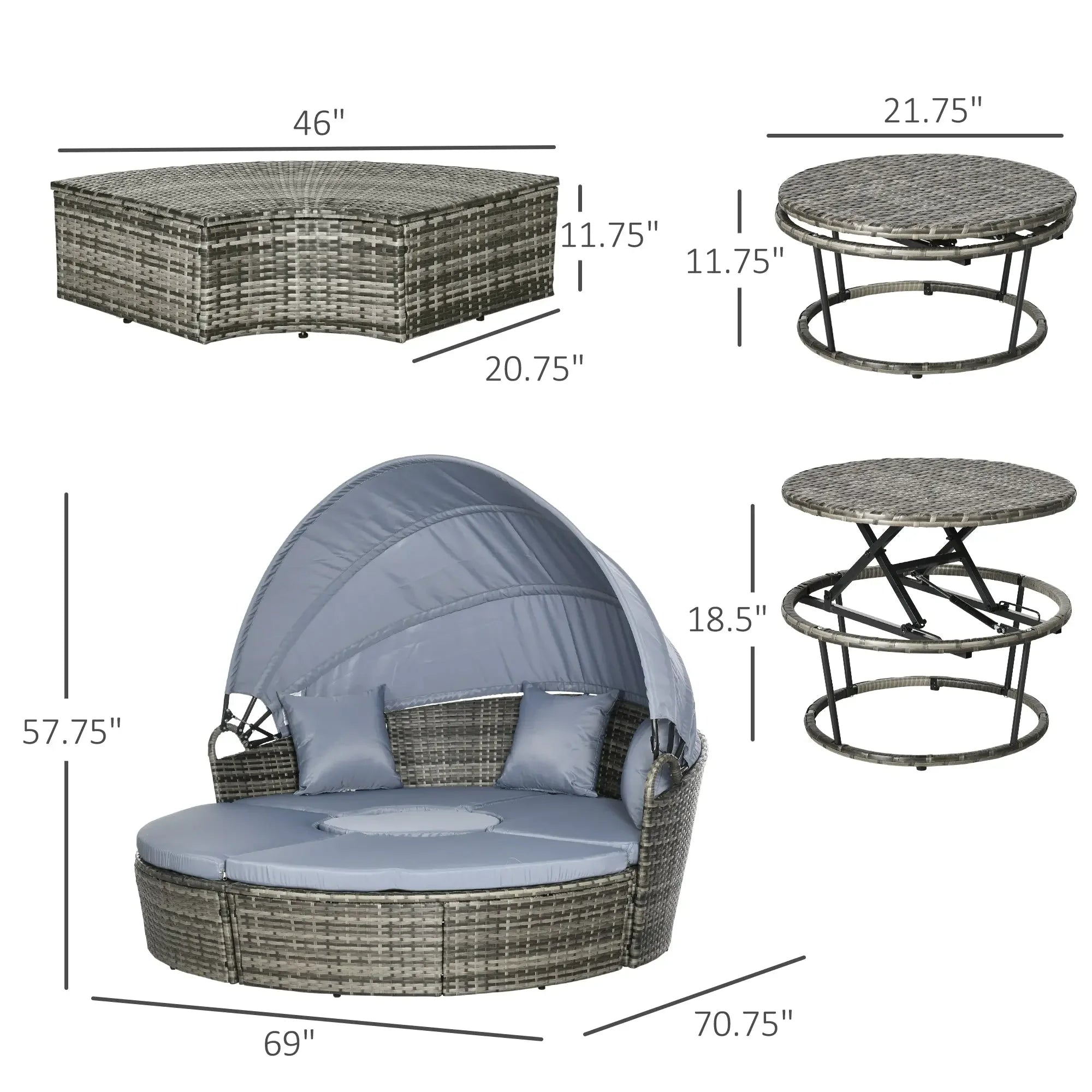 4 Piece Round Rattan Daybed, Convertible Patio Furniture Set, Adjustable Sun Canopy, Sectional Outdoor Sofa, 2 Chairs, Extending Tea Table Ottoman Chair, 3 Pillows, Light Gray My stor