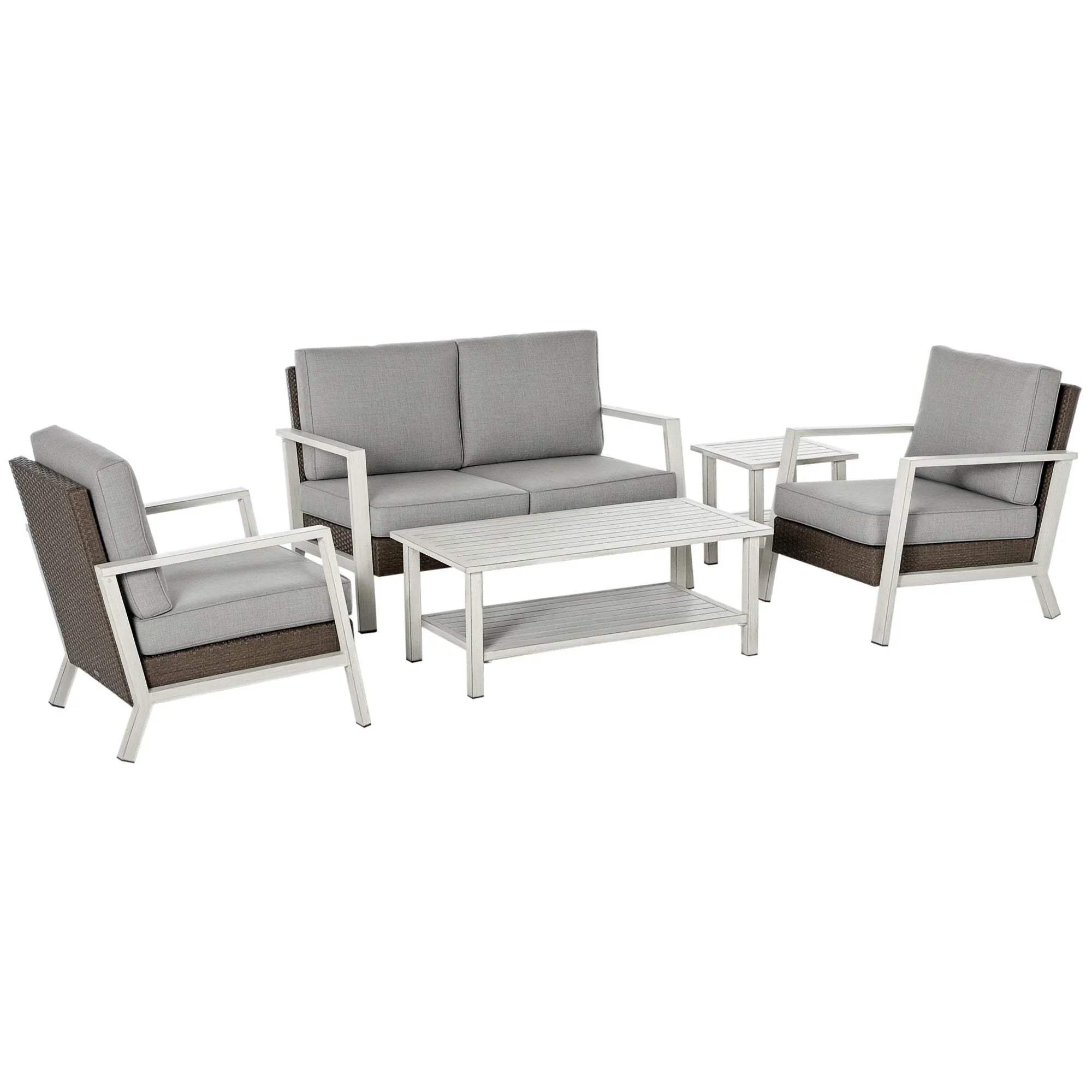 Aluminum Patio Furniture Set, 5 Piece Modern Outdoor Conversation Set with Loveseat Sofa, Chairs, Cushions, Coffee Table & Side Table, Gray My stor