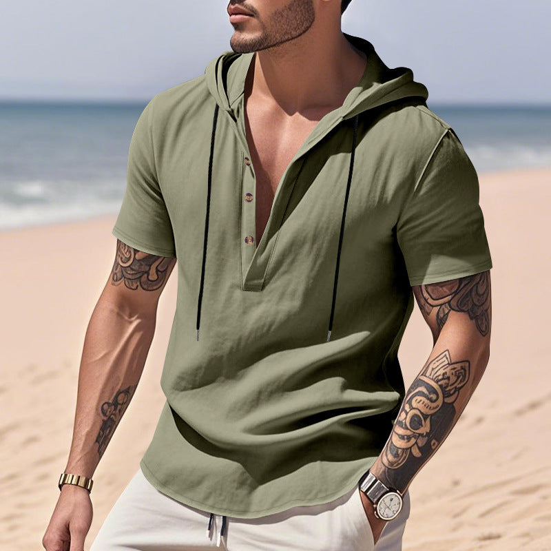 Breathable Linen Hooded Henley Shirt With Short Sleeves My stor