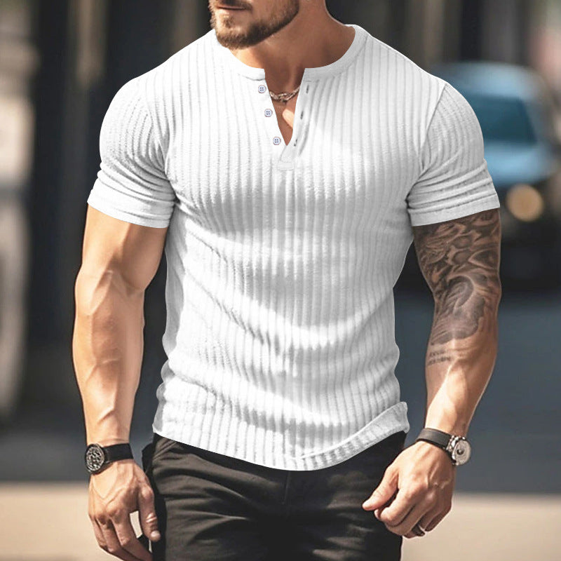 Men's Short Sleeve Top Sunken Stripe V-neck Slim Fit Henley T-shirt My stor