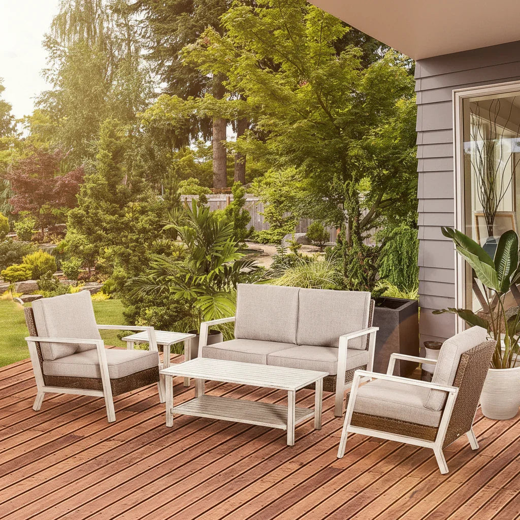 Aluminum Patio Furniture Set, 5 Piece Modern Outdoor Conversation Set with Loveseat Sofa, Chairs, Cushions, Coffee Table & Side Table, Gray My stor