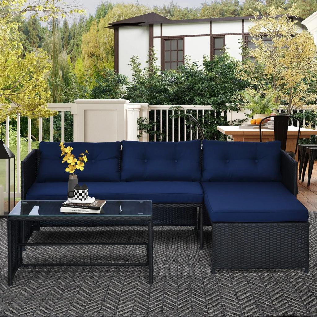 3 Piece Patio Furniture Set, Rattan Outdoor Sofa Set with Chaise Lounge & Loveseat, Soft Cushions, Tempered Glass Table, L-Shaped Sectional Couch, Blue My stor