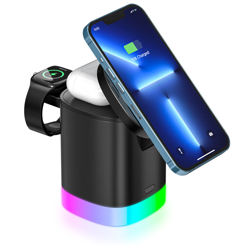 Cargador inalámbrico magnético rápido 3 en 1 para smartphones, con luz ambiental RGB, estación de carga para Airpods y iWatch. My stor