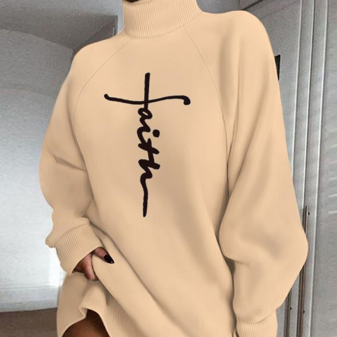 Vestido Holgado Informal De Manga Larga Con Cuello Alto Y Letras Estampadas Para Mujer My stor