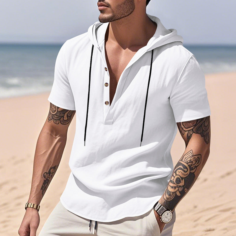 Breathable Linen Hooded Henley Shirt With Short Sleeves My stor