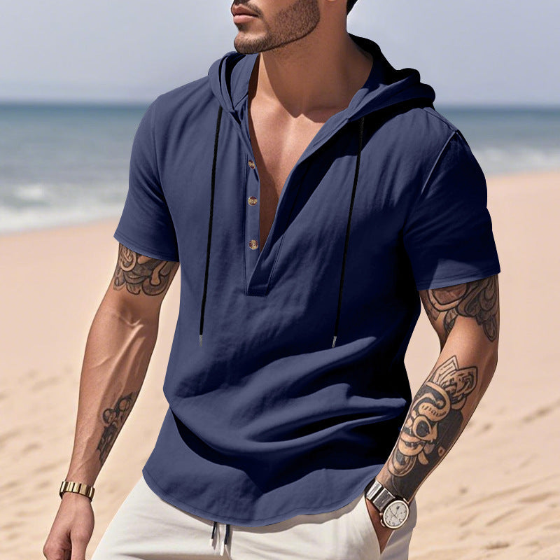 Breathable Linen Hooded Henley Shirt With Short Sleeves My stor