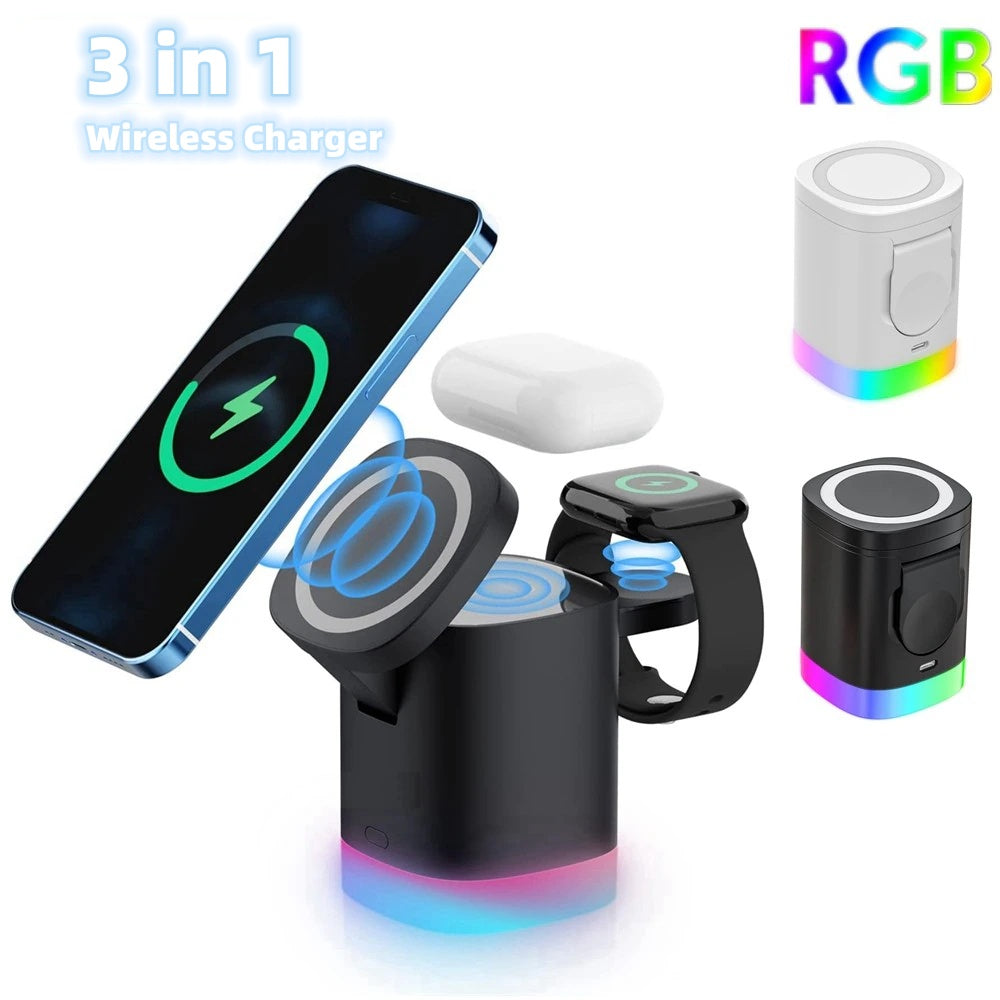 Cargador inalámbrico magnético rápido 3 en 1 para smartphones, con luz ambiental RGB, estación de carga para Airpods y iWatch. My stor