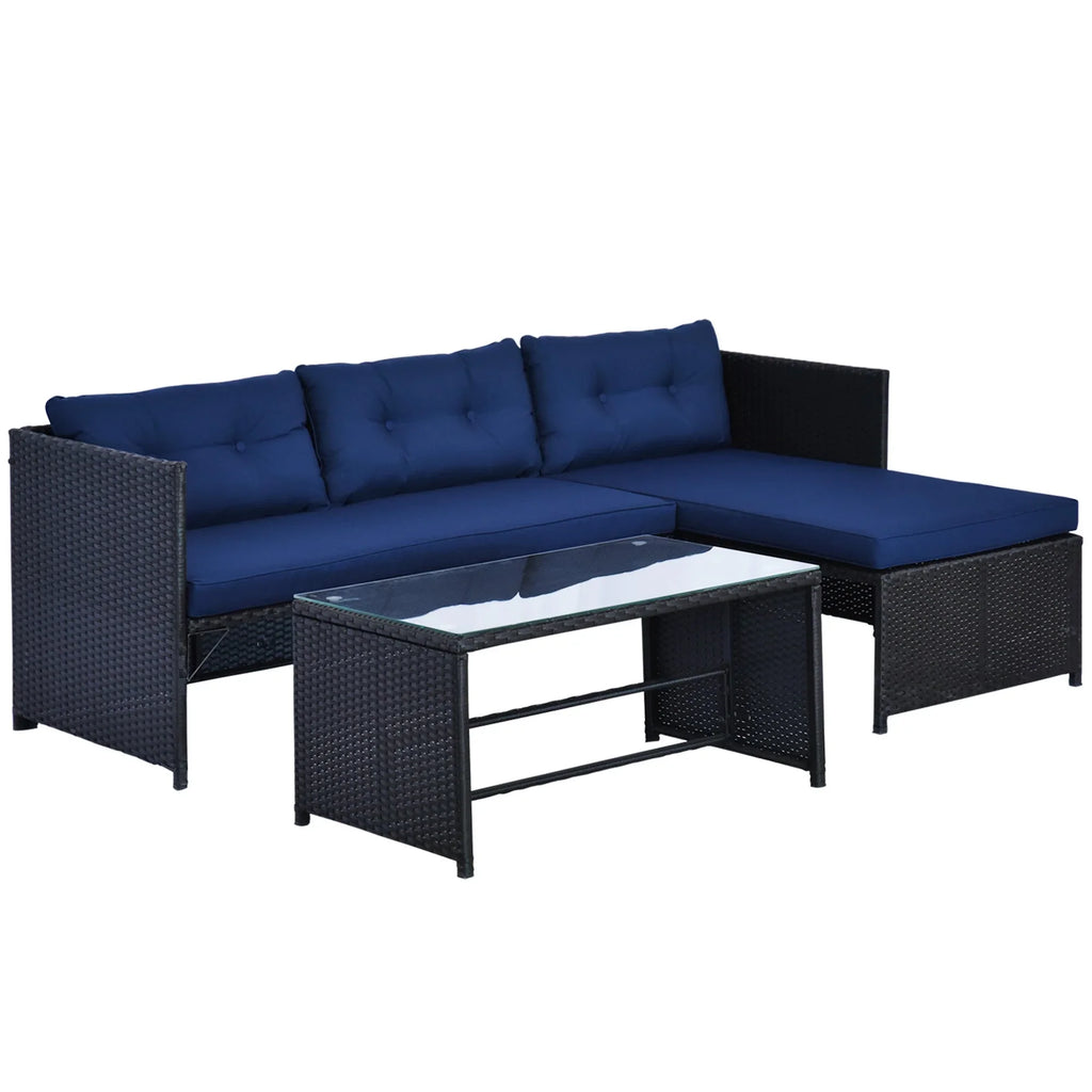 3 Piece Patio Furniture Set, Rattan Outdoor Sofa Set with Chaise Lounge & Loveseat, Soft Cushions, Tempered Glass Table, L-Shaped Sectional Couch, Blue My stor