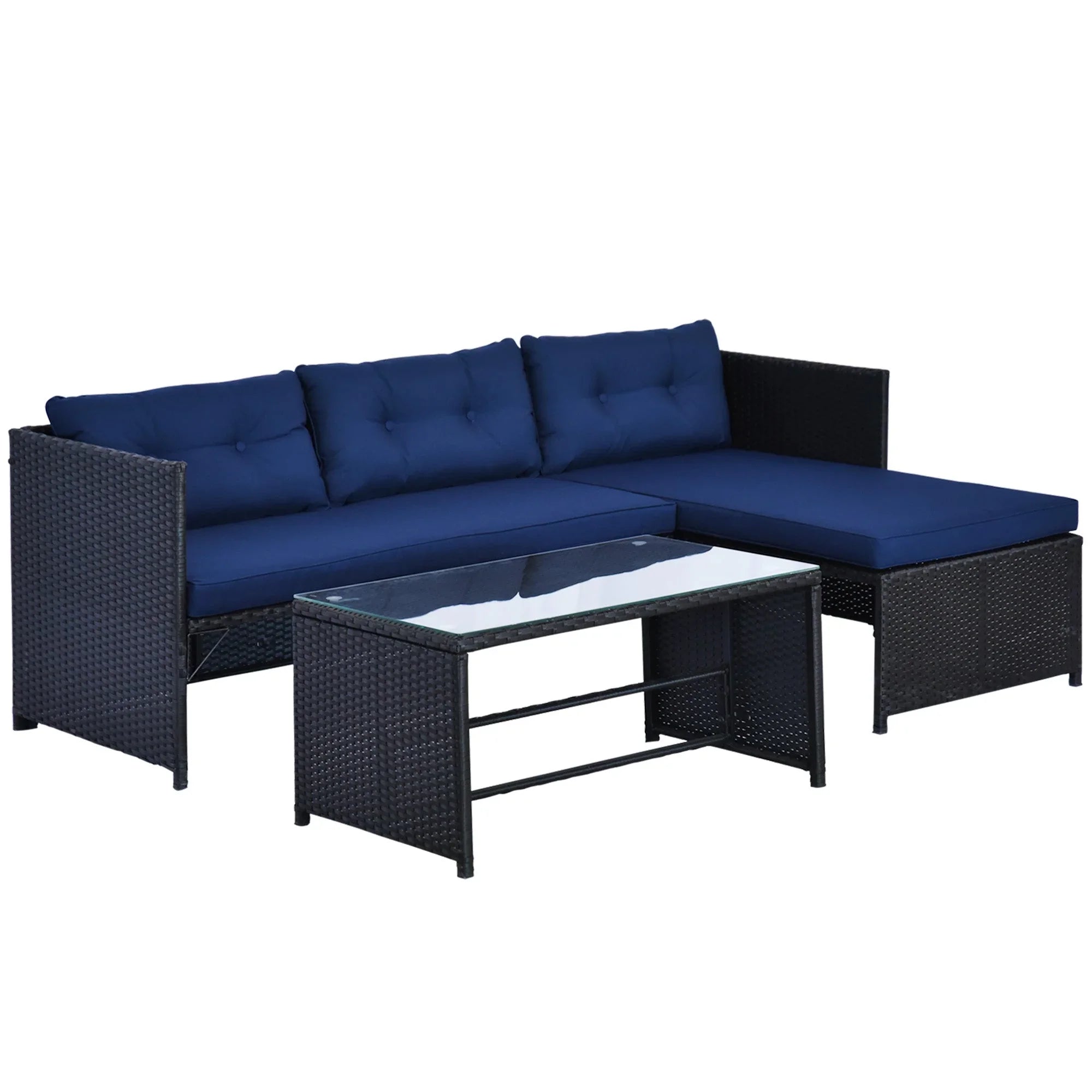 3 Piece Patio Furniture Set, Rattan Outdoor Sofa Set with Chaise Lounge & Loveseat, Soft Cushions, Tempered Glass Table, L-Shaped Sectional Couch, Blue My stor