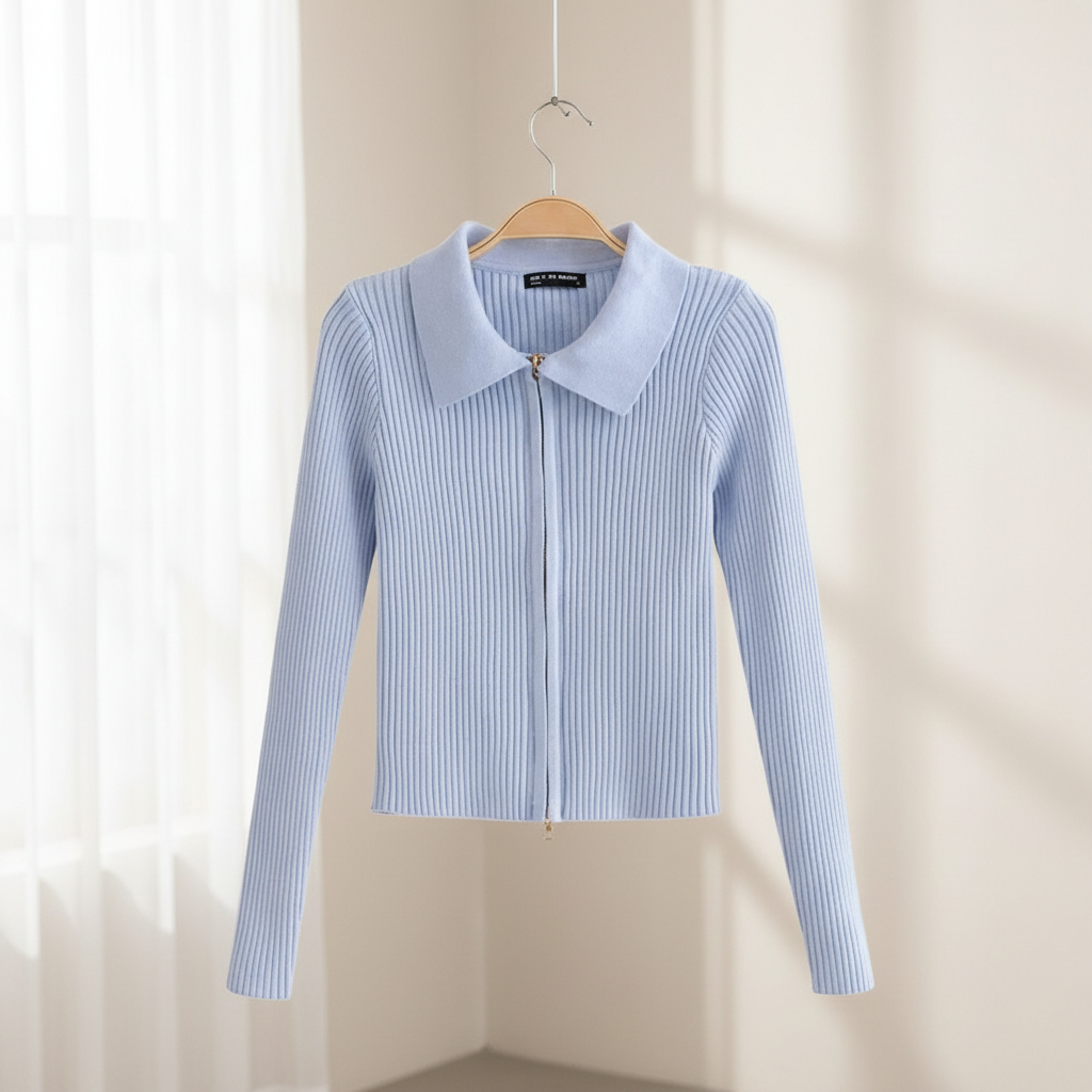 Double-headed zipper short knit sweater Slim short lapel thin coat My stor