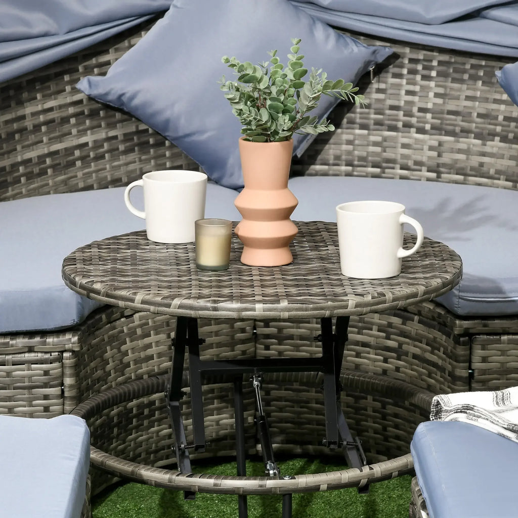 4 Piece Round Rattan Daybed, Convertible Patio Furniture Set, Adjustable Sun Canopy, Sectional Outdoor Sofa, 2 Chairs, Extending Tea Table Ottoman Chair, 3 Pillows, Light Gray My stor
