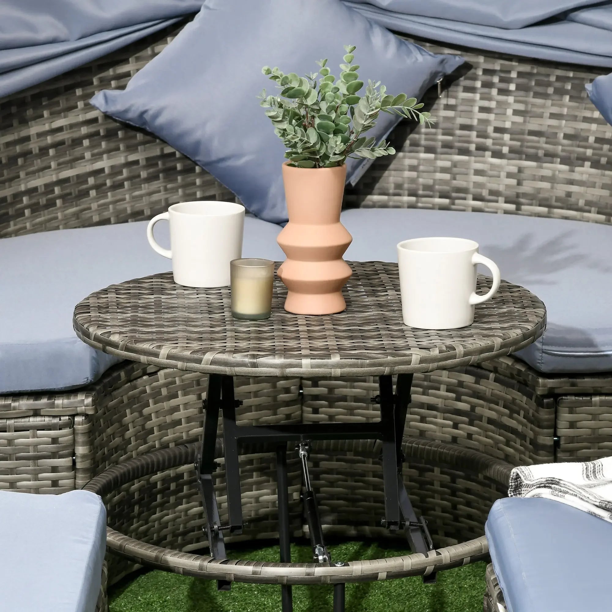 4 Piece Round Rattan Daybed, Convertible Patio Furniture Set, Adjustable Sun Canopy, Sectional Outdoor Sofa, 2 Chairs, Extending Tea Table Ottoman Chair, 3 Pillows, Light Gray My stor