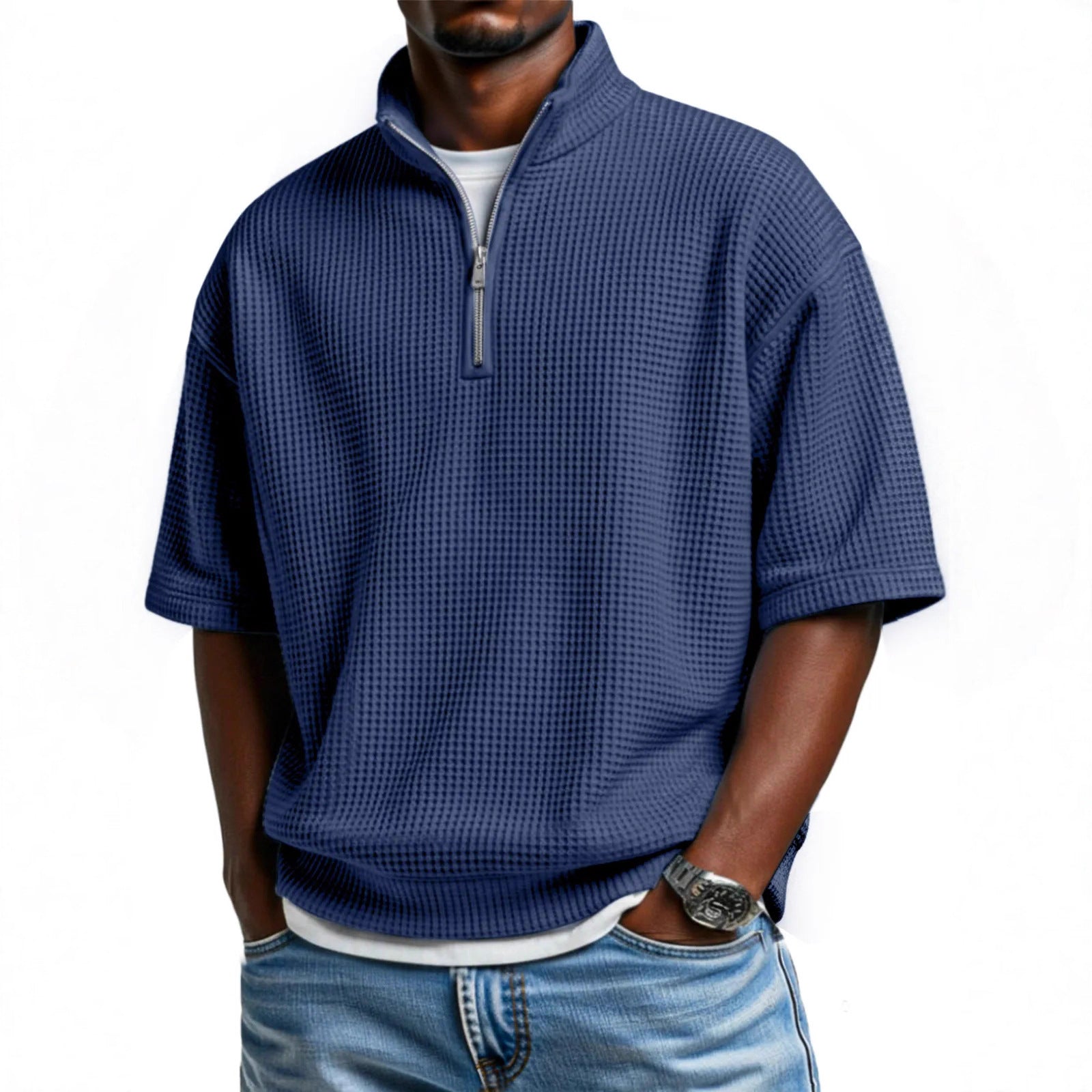 Waffle-knit Short-sleeve Polo Shirt For Men Loose-fitting Half-zip T-shirt My stor