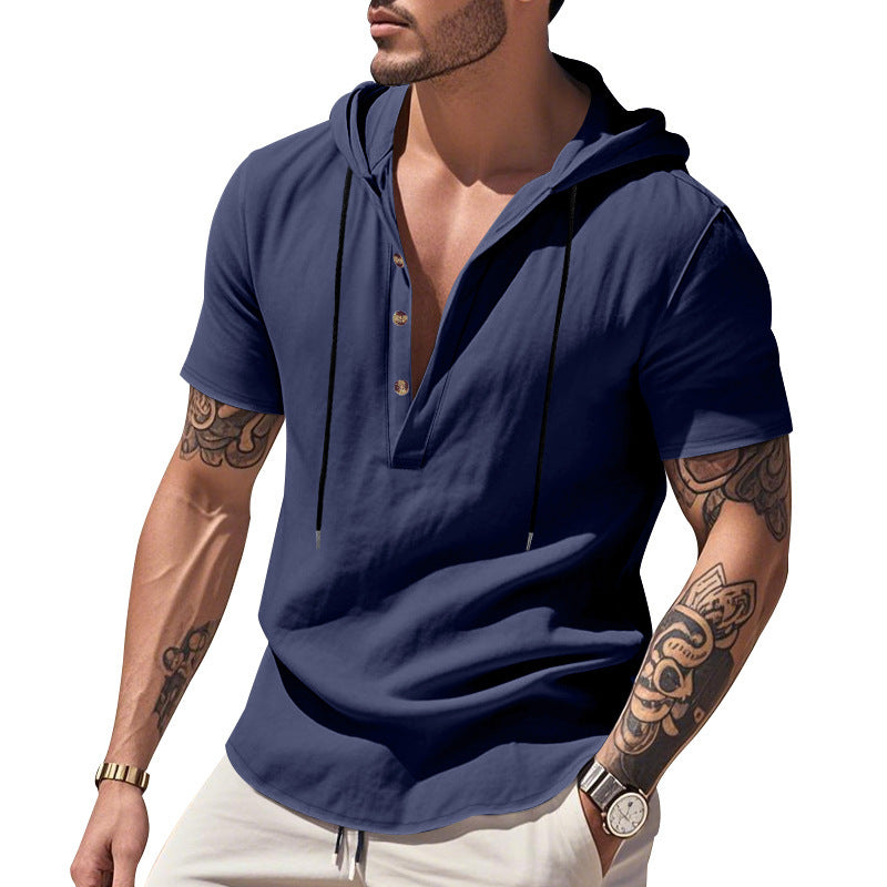 Breathable Linen Hooded Henley Shirt With Short Sleeves My stor