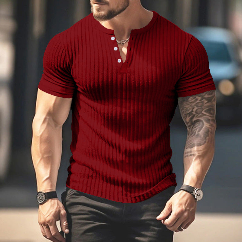 Men's Short Sleeve Top Sunken Stripe V-neck Slim Fit Henley T-shirt My stor
