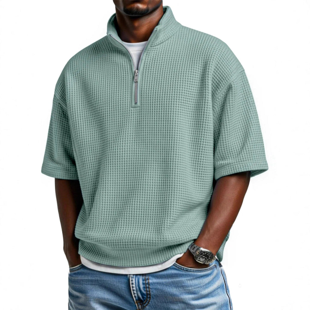 Waffle-knit Short-sleeve Polo Shirt For Men Loose-fitting Half-zip T-shirt My stor