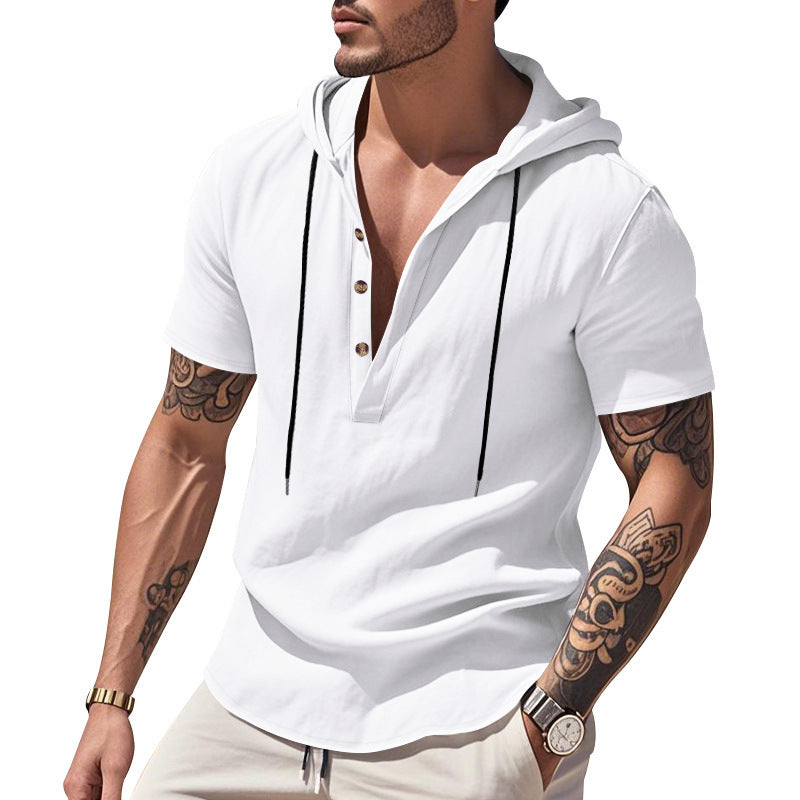 Breathable Linen Hooded Henley Shirt With Short Sleeves My stor