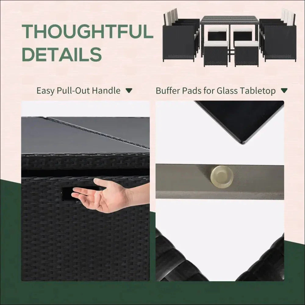 Conjunto de jardín con cojines de ratán negro y mesa de cristal