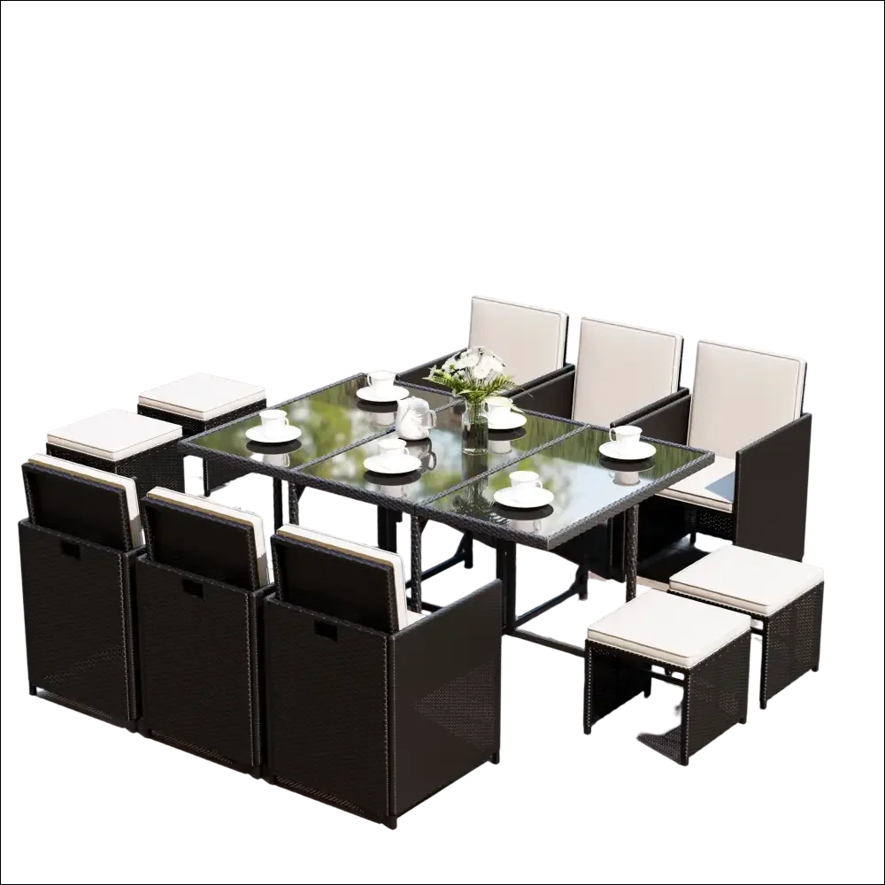 Conjunto de jardín con cojines de ratán negro, mesa de cristal