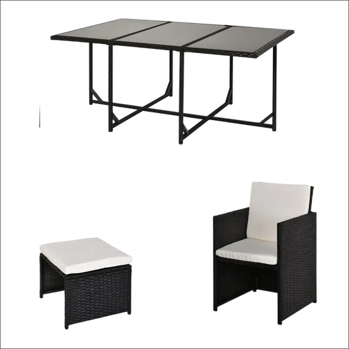 Conjunto de jardín con cojines de ratán negro y mesa de cristal