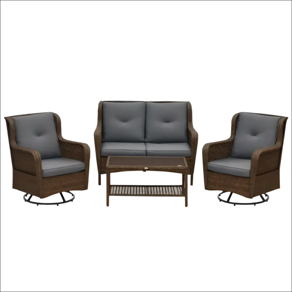 Conjunto de mobiliario para patio de mimbre marrón con cojines grises