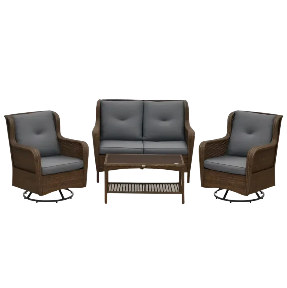 Conjunto de mobiliario para patio de mimbre marrón con cojines grises