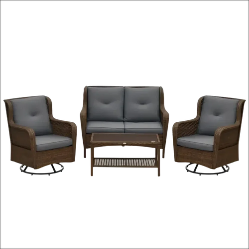 Conjunto de mobiliario para patio de mimbre marrón con cojines grises