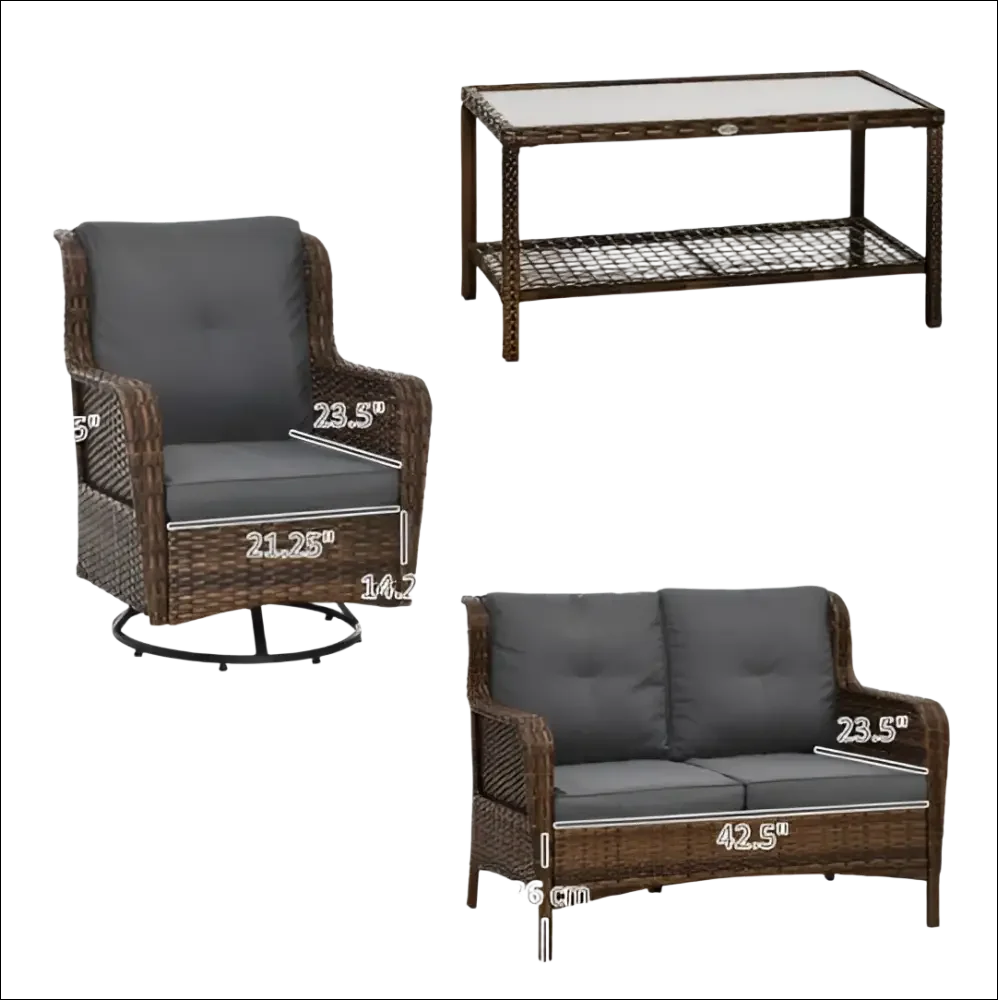 Conjunto de mobiliario para patio de mimbre marrón con cojines grises