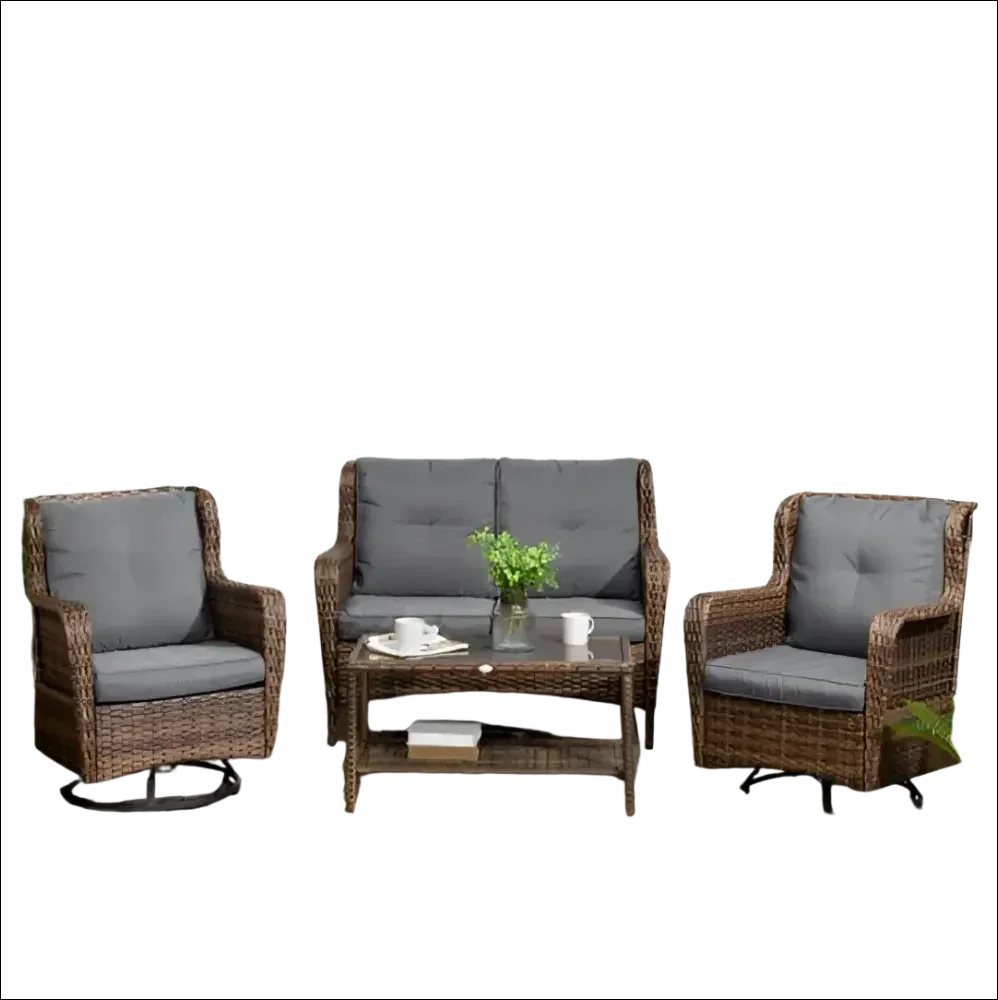 Conjunto de mobiliario para patio de mimbre marrón con cojines grises