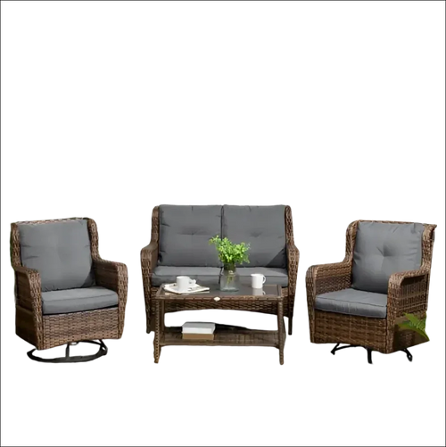 Conjunto de mobiliario para patio de mimbre marrón con cojines grises