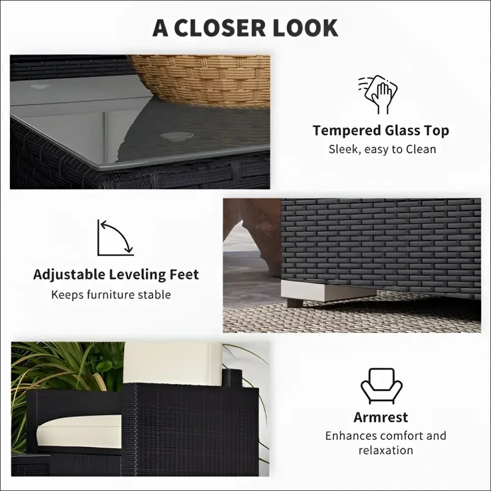 Conjunto de muebles de patio de mimbre negro con mesa de vidrio templado