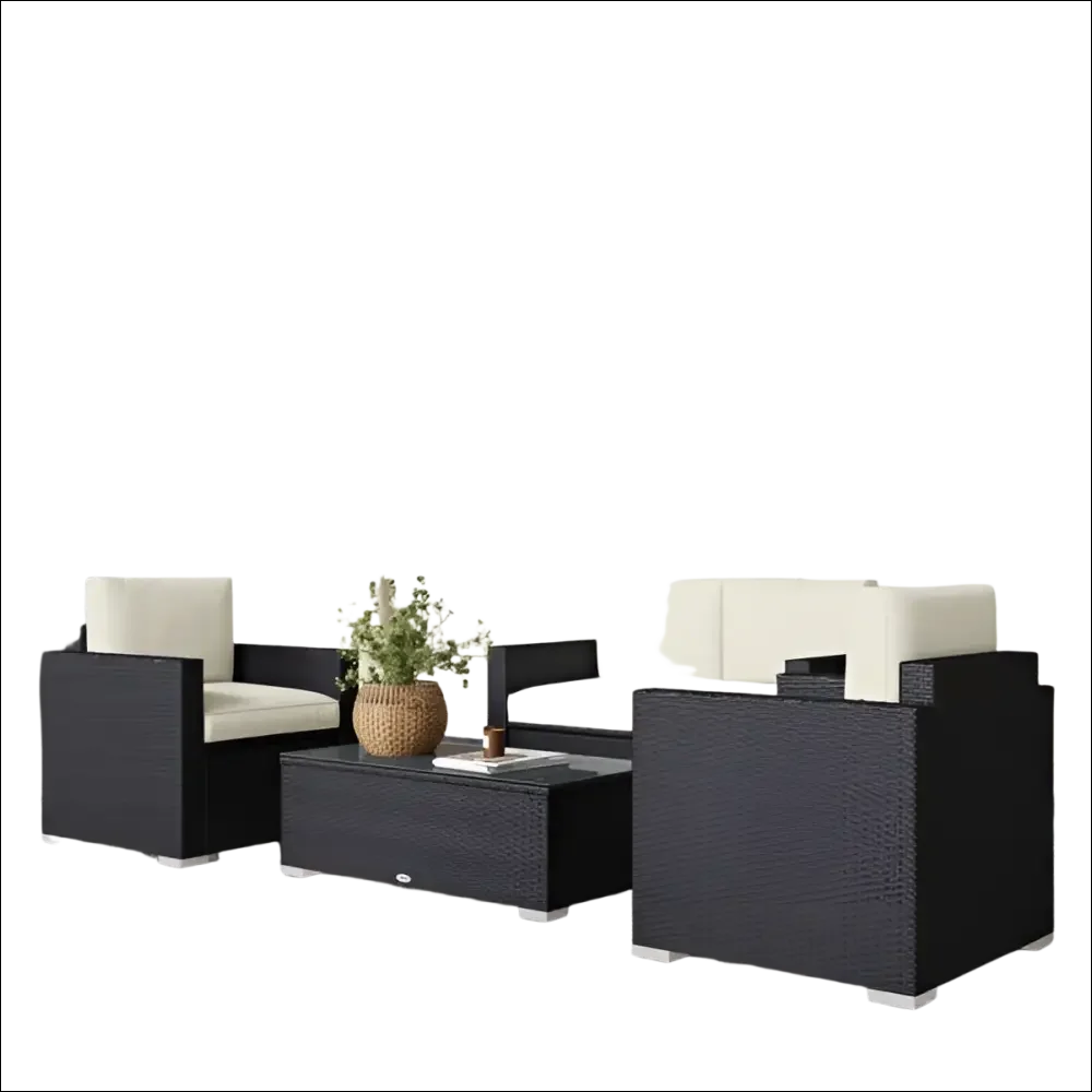 Conjunto de muebles de patio de mimbre negro con cojines blancos