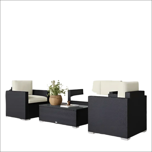 Conjunto de muebles de patio de mimbre negro con cojines blancos