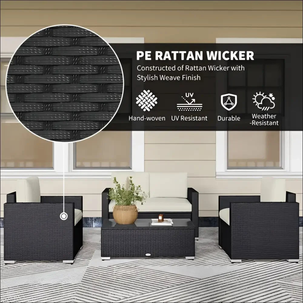 Conjunto de muebles de patio de mimbre negro con cojines blancos