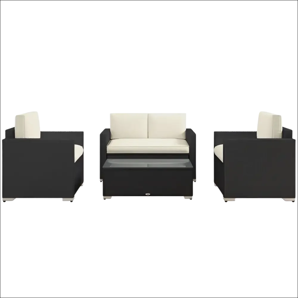 Conjunto de muebles de patio de mimbre negro con cojines crema y mesa de vidrio