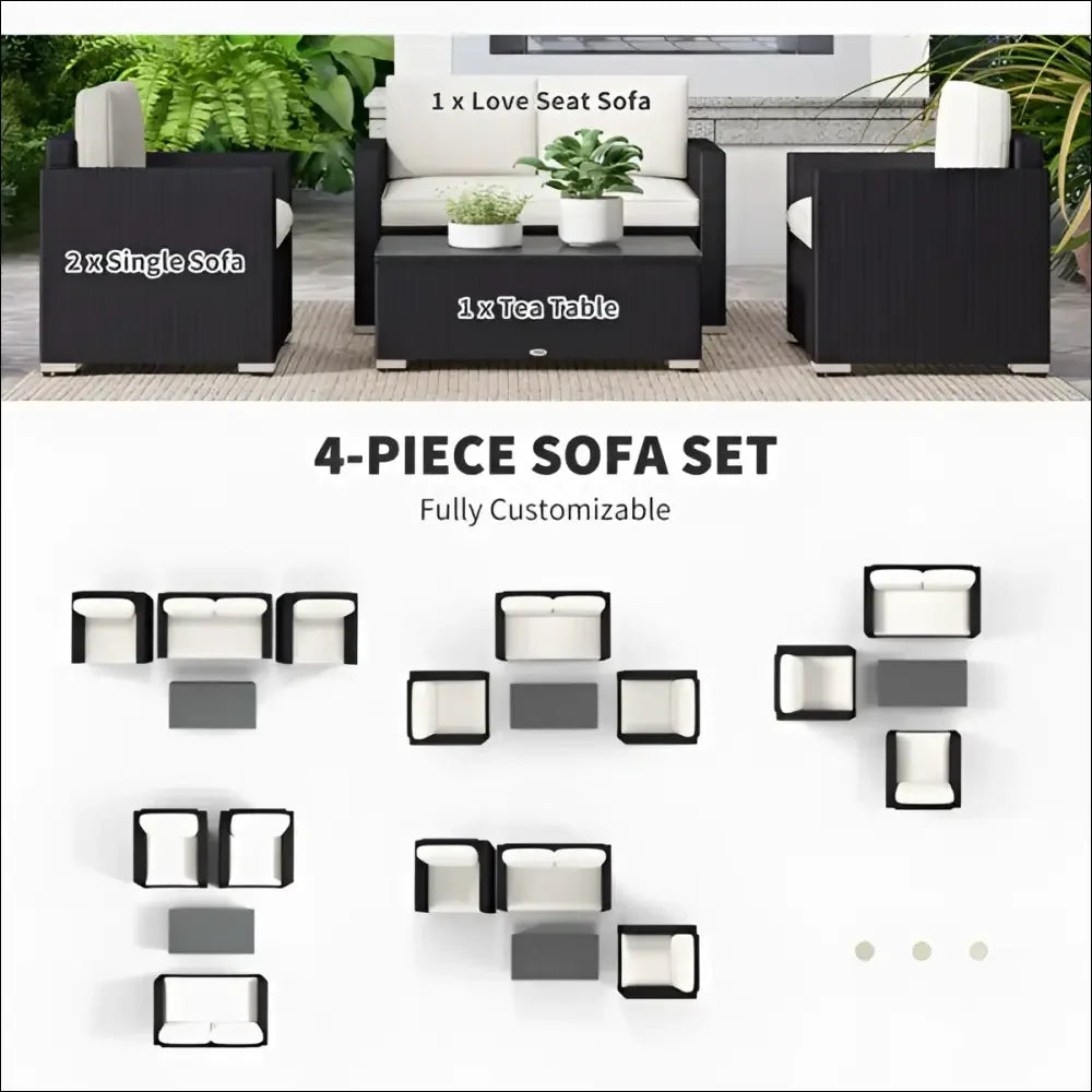 Conjunto de muebles de patio de mimbre negro con cojines blancos y mesa de té