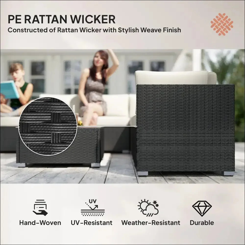 Sofá esquina de ratán negro con cojín crema para exterior