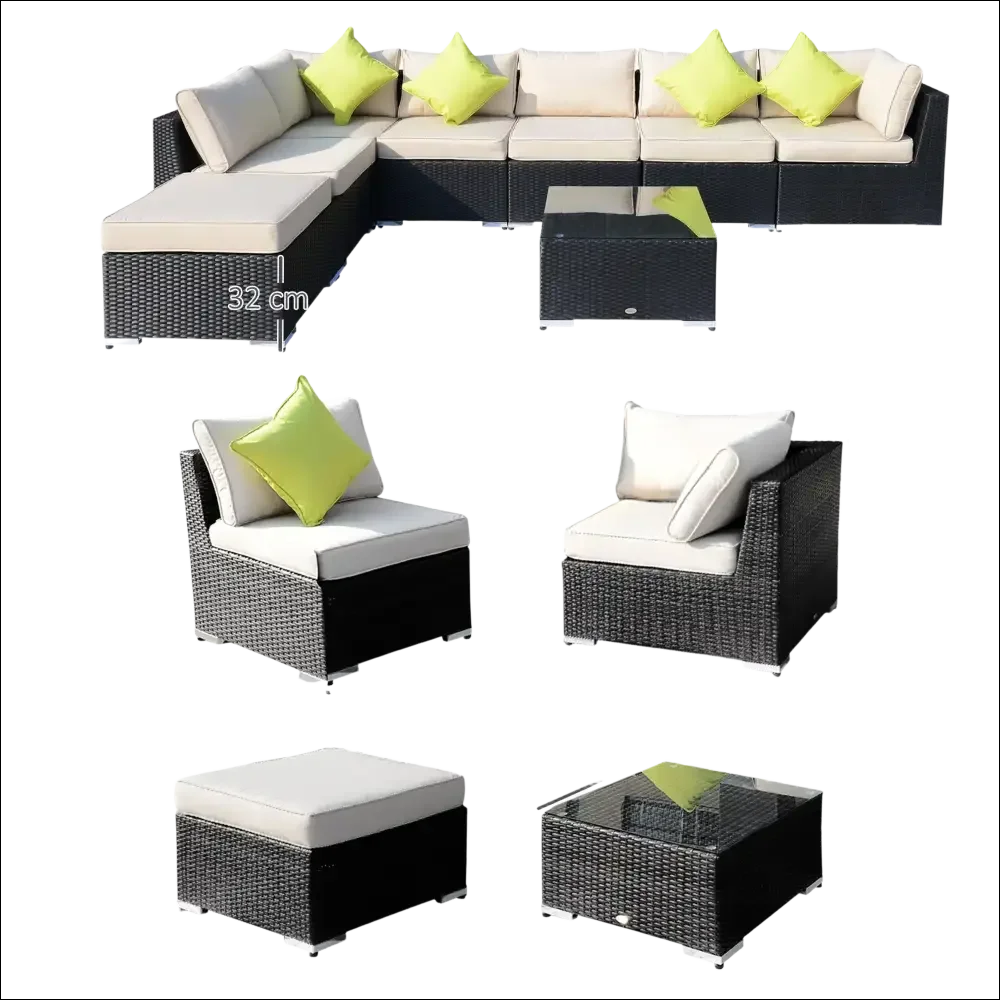 Conjunto de sofá con rincón de ratán negro para exterior con cojines beige y almohadas verde lima