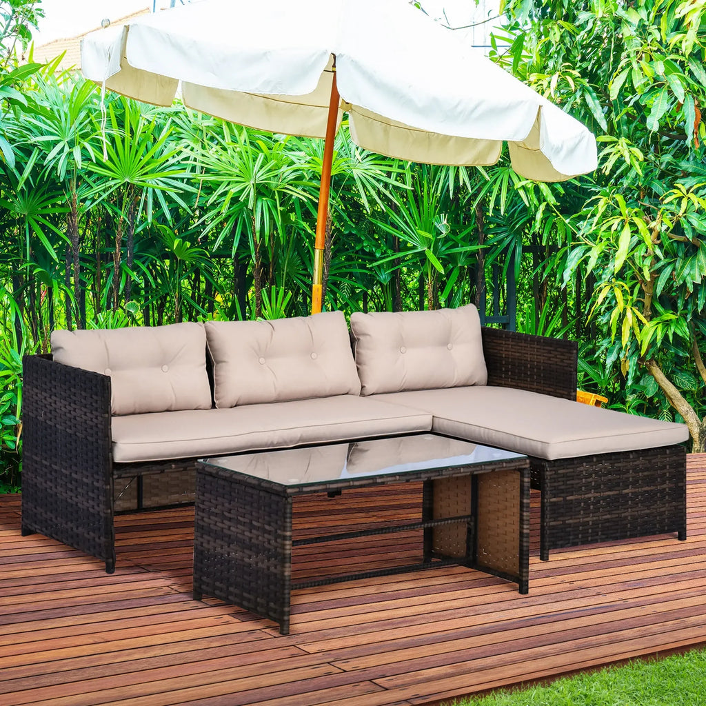 3 Piece Patio Furniture Set, Rattan Outdoor Sofa Set with Chaise Lounge & Loveseat, Soft Cushions, Tempered Glass Table, L-Shaped Sectional Couch, Beige My stor