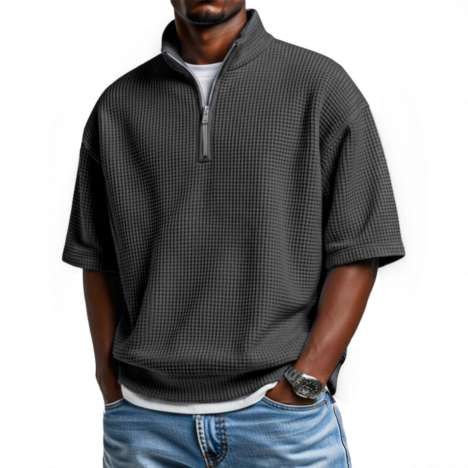Waffle-knit Short-sleeve Polo Shirt For Men Loose-fitting Half-zip T-shirt My stor